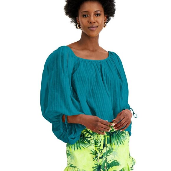 INC International Concepts 100% Cotton Tie Back Peasant Top (S, Aztec Teal) - Picture 8 of 9